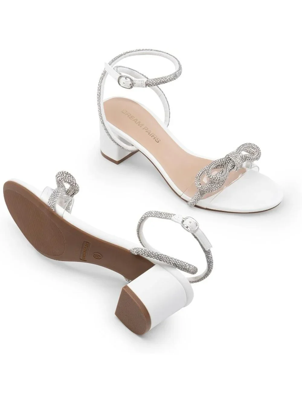 Dream Pairs Women's White Open Toe Rhinestone Double Bow Chunky Sandals